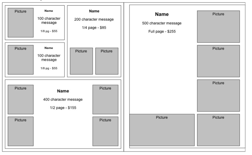 Two facing yearbook pages showing the four ad sizes: two eighth page ads, a quarter page, a half page and a full page, each with a name, a message and picture boxes